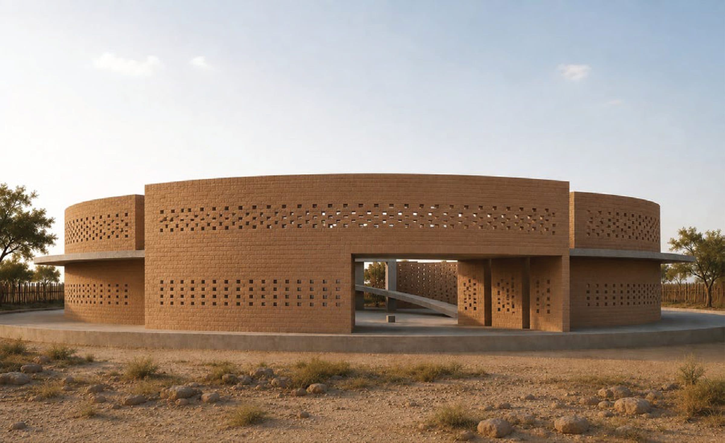 Desert Stars Hub, a circular rammed-earth building in the desert
